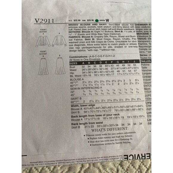 Vogue Misses Blouse Top Skirt Sewing Pattern V2911 Sz one size - Uncut - Picture 5 of 9